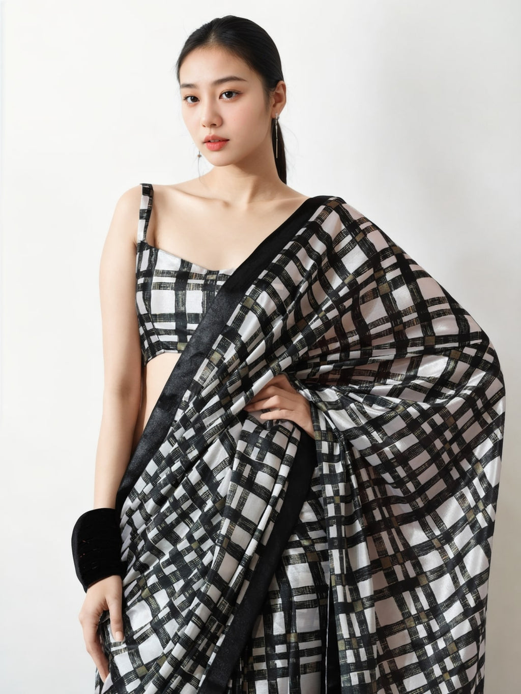 Women's Black Chinon Digital Printed Ready To Wear Saree