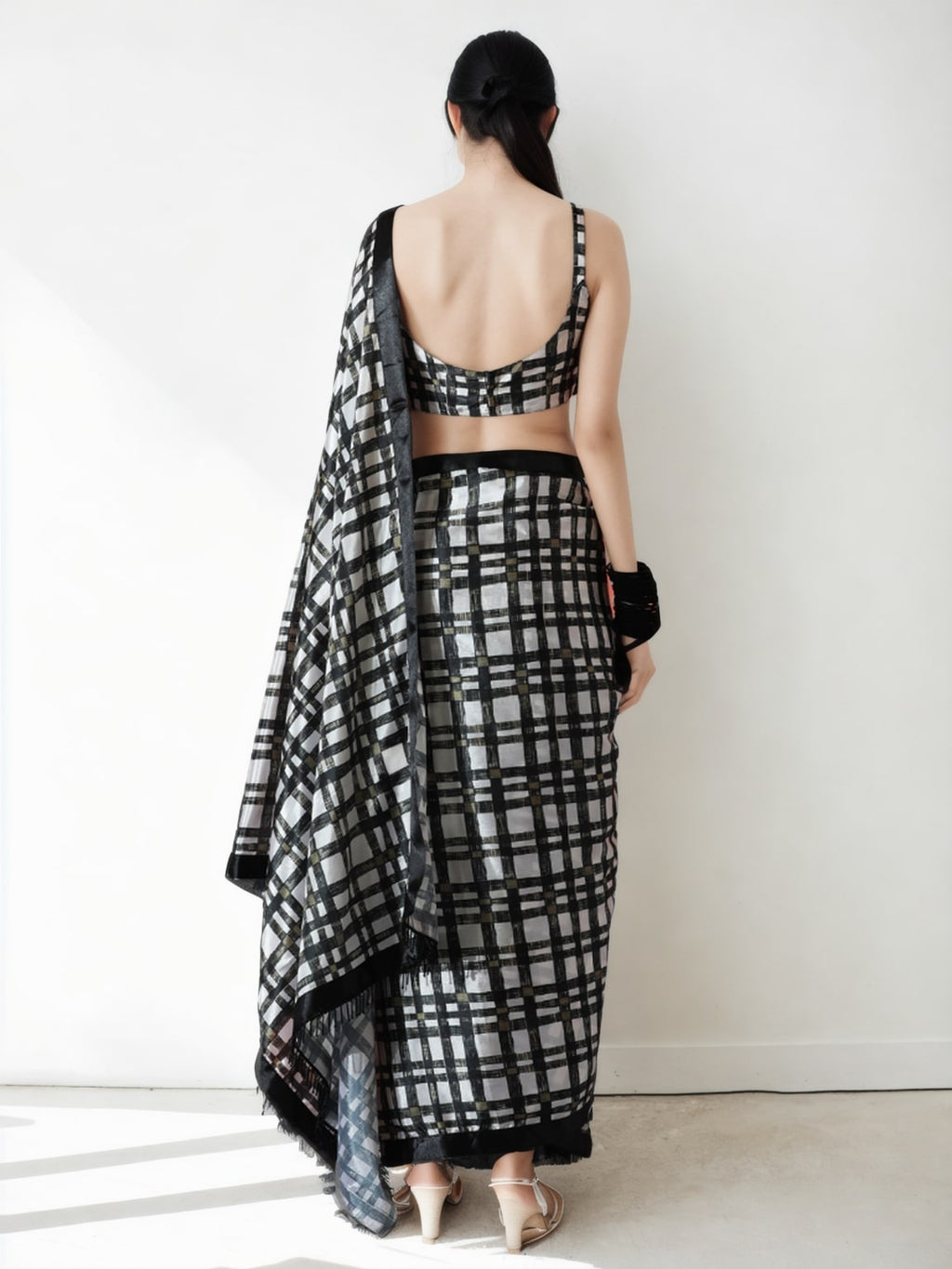 Women's Black Chinon Digital Printed Ready To Wear Saree