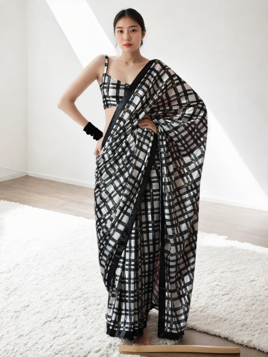 Black Chinon ready to wear saree with digital prints and decorative lace border