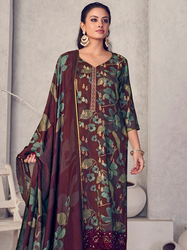 Jyoti Fashion Women's Maroon Pure Pashmina Digital Print with Jacquard Woven Kurta with Trouser & Dupatta