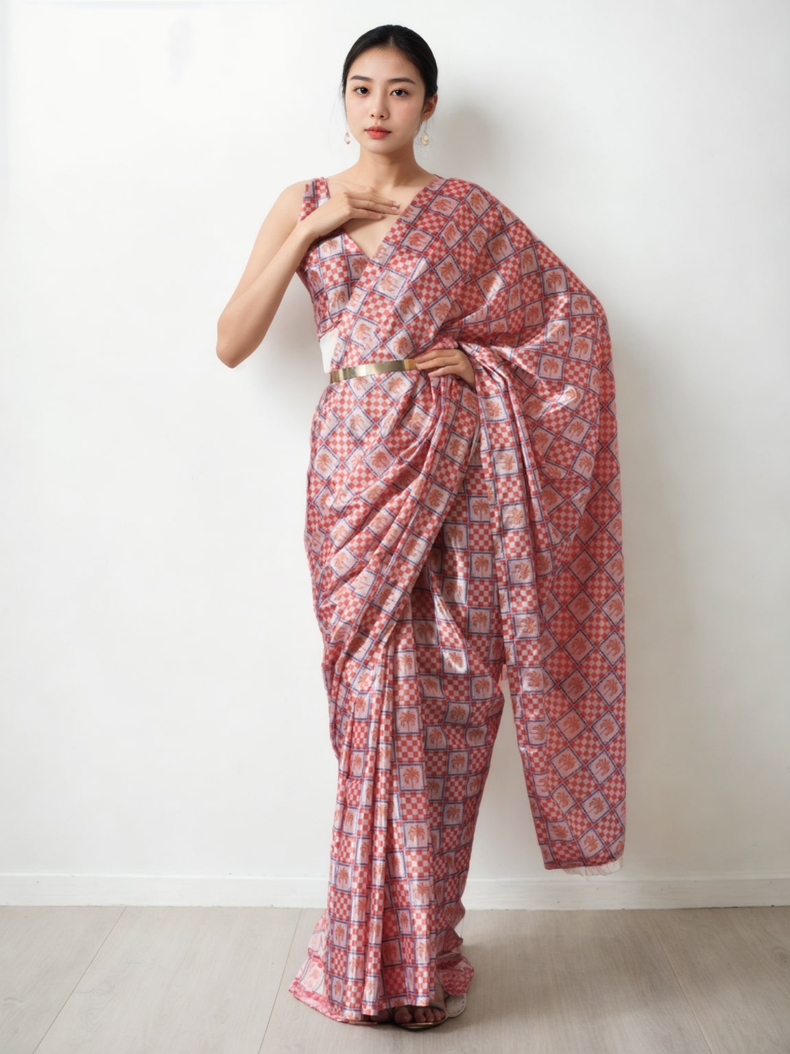 Jyoti Fashion Women's Peach Chinon Digital Printed Ready To Wear Saree with Blouse