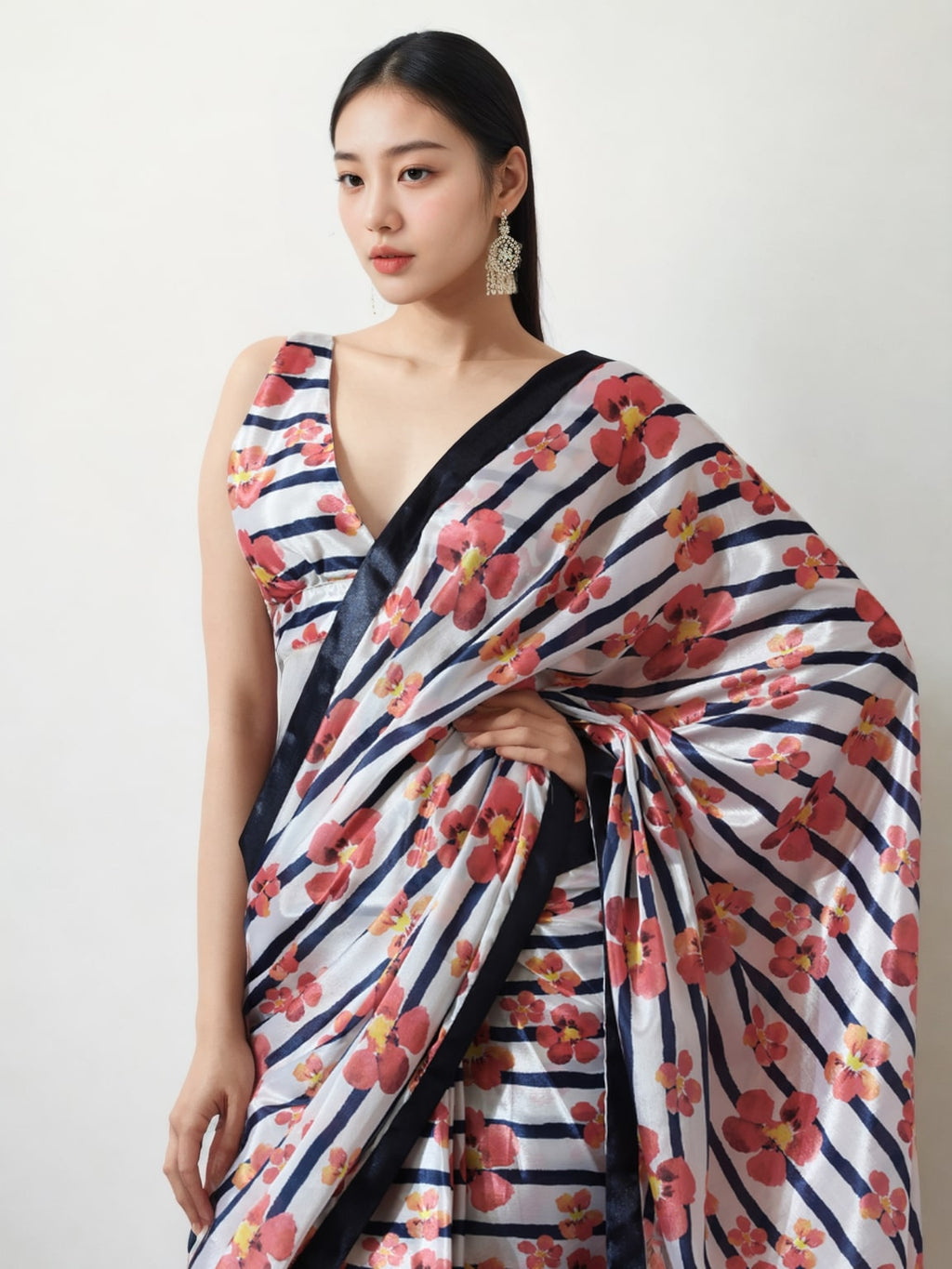Multicolor Chinon Digital Printed Ready To Wear Saree