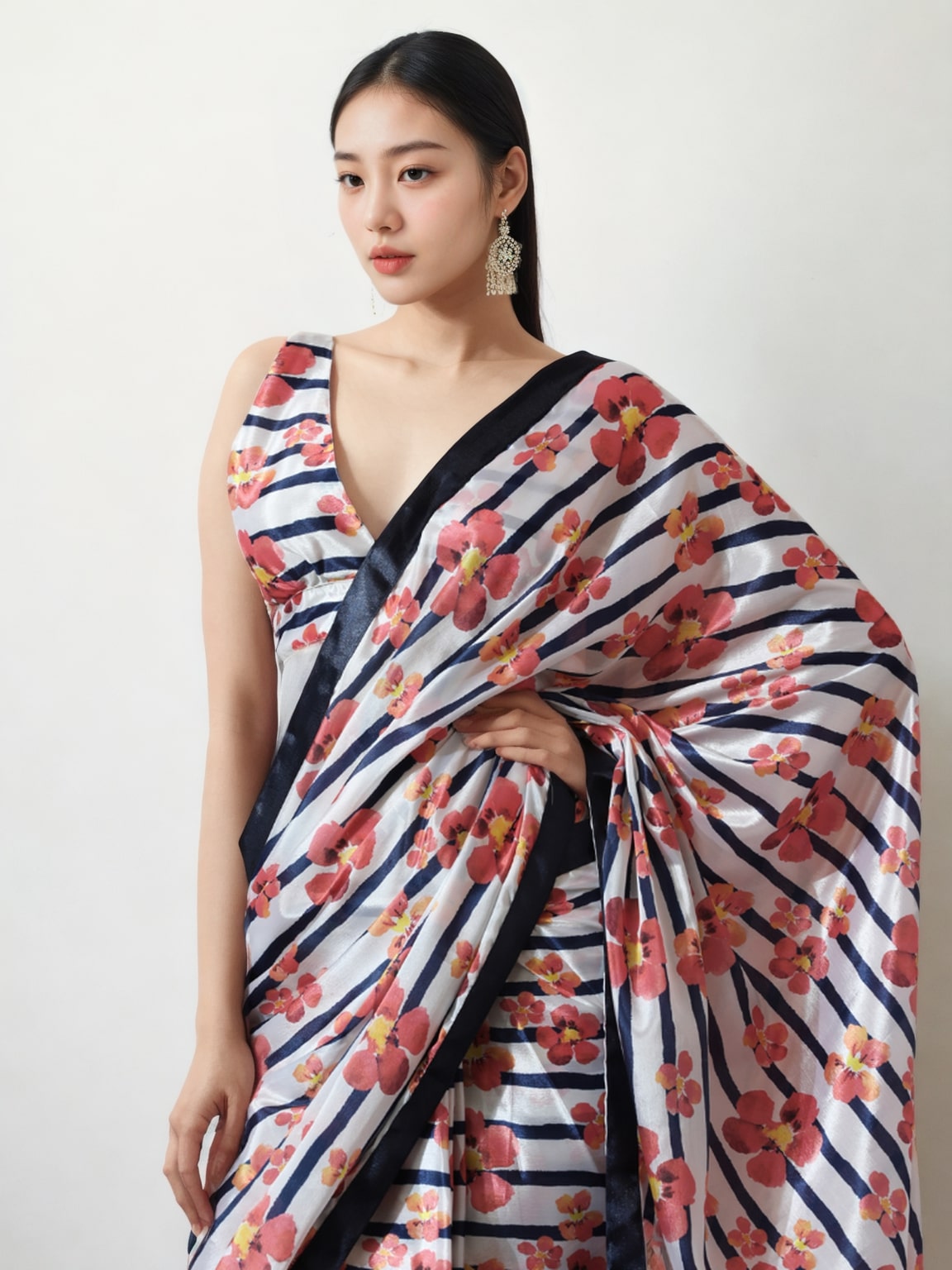 Multicolor Chinon Digital Printed Ready To Wear Saree