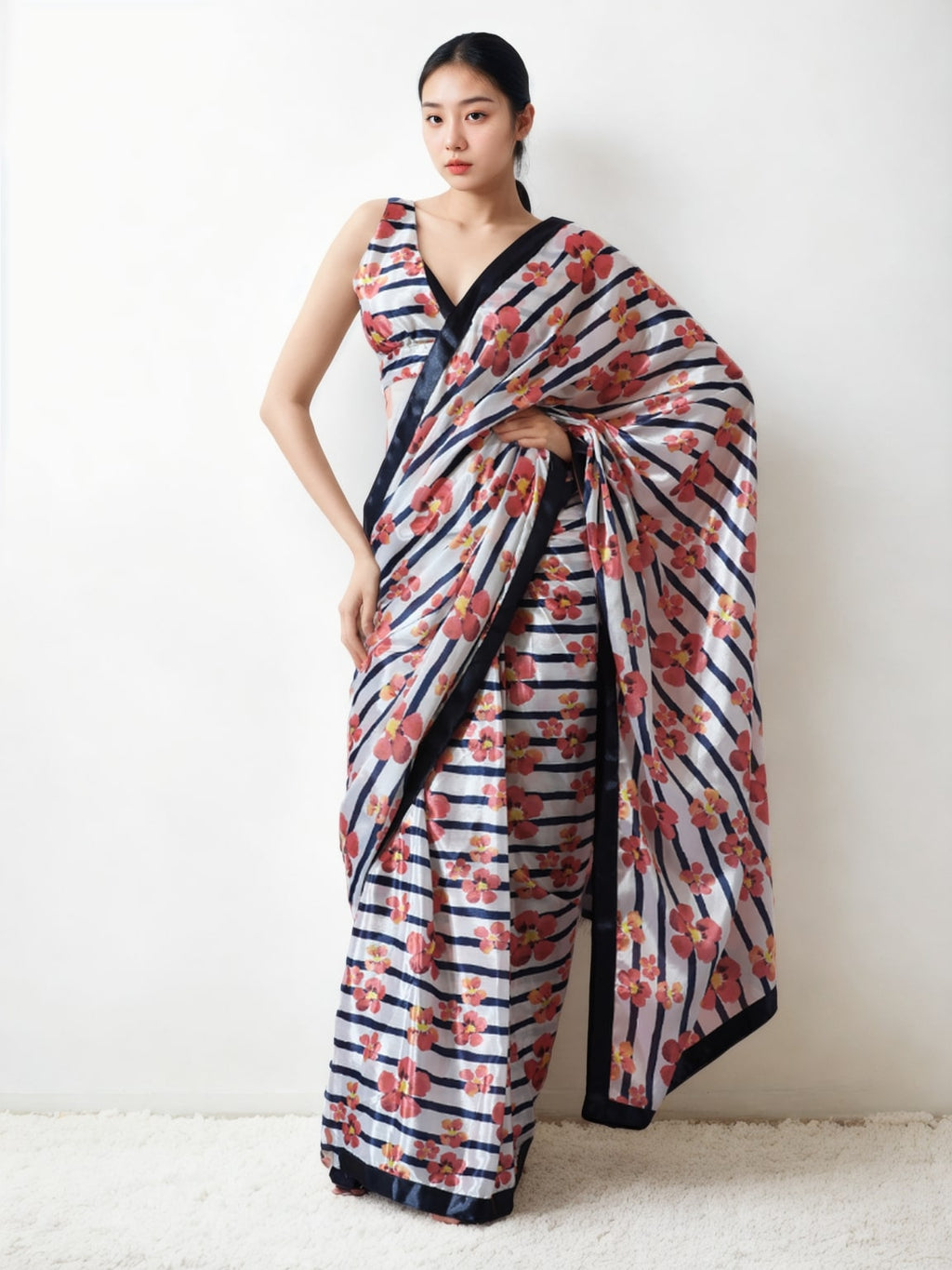 Multicolor floral print Chinon saree with lace border detail