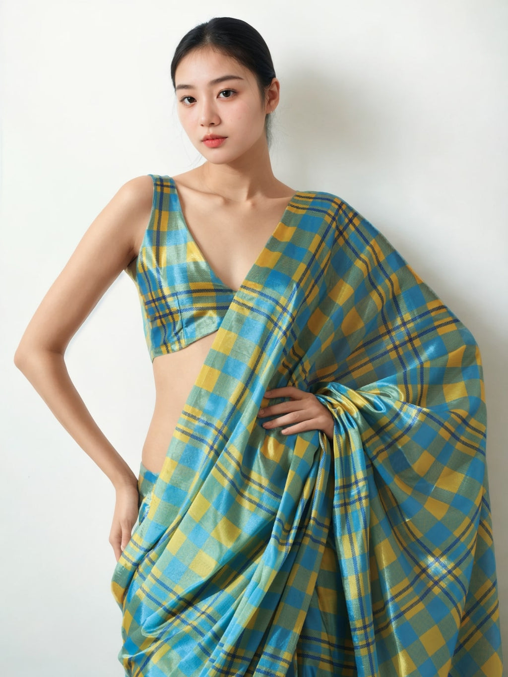 Sky Blue Chinon Digital Printed Ready To Wear Saree with Blouse