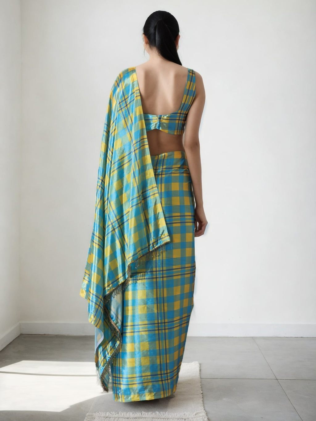 Sky Blue Chinon Digital Printed Ready To Wear Saree with Blouse