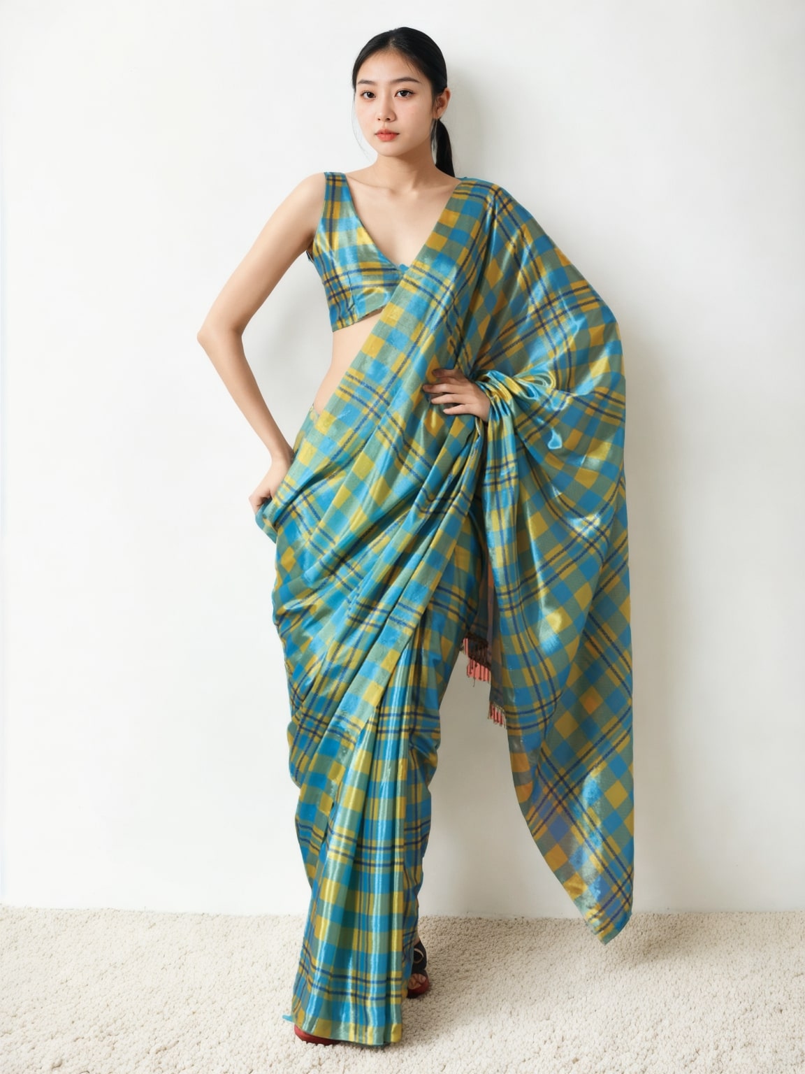 Sky blue ready-to-wear Chinon saree with digital print and decorative lace border