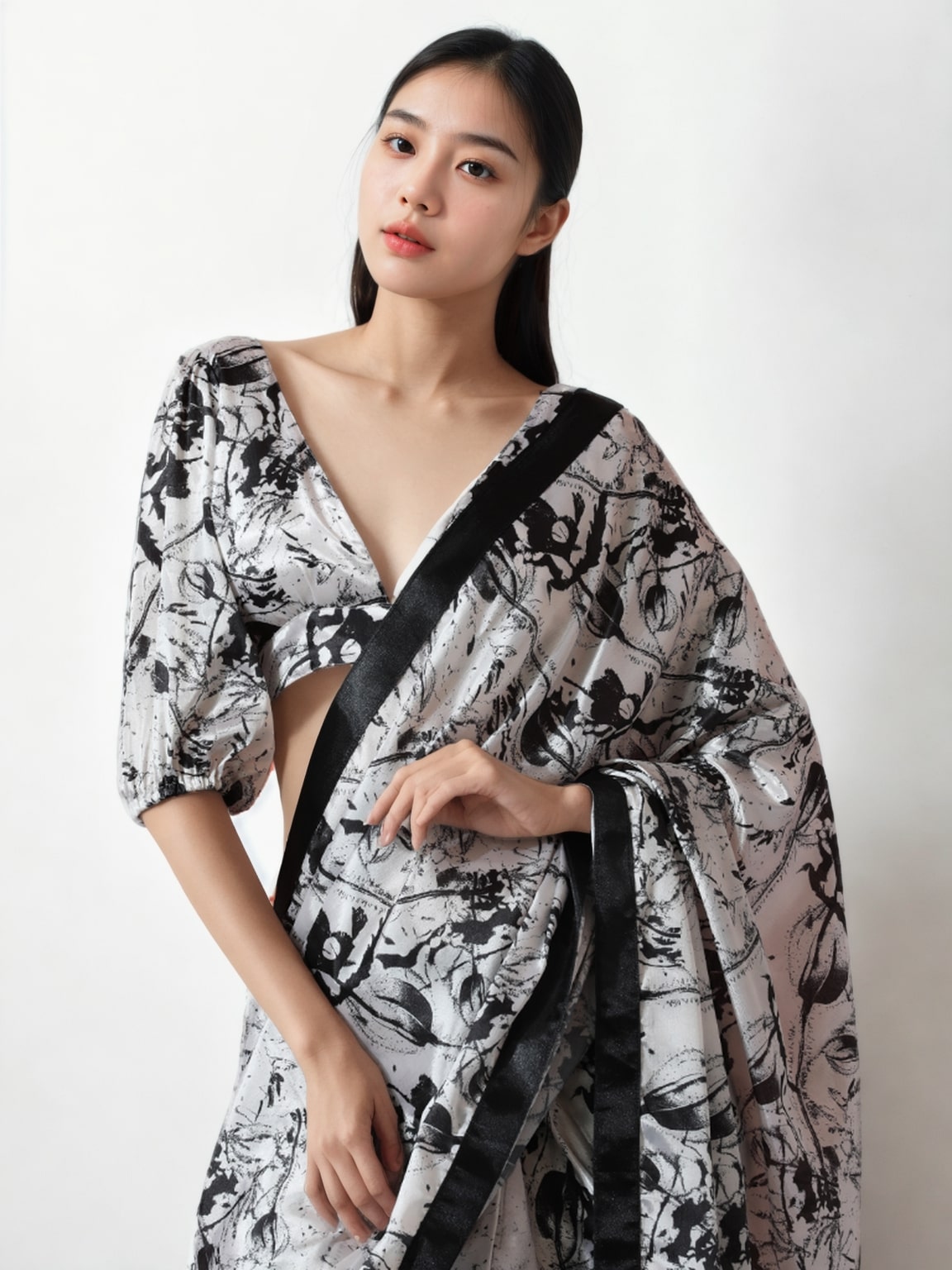 Black Chinon Digital Printed Ready to Wear Saree with Blouse