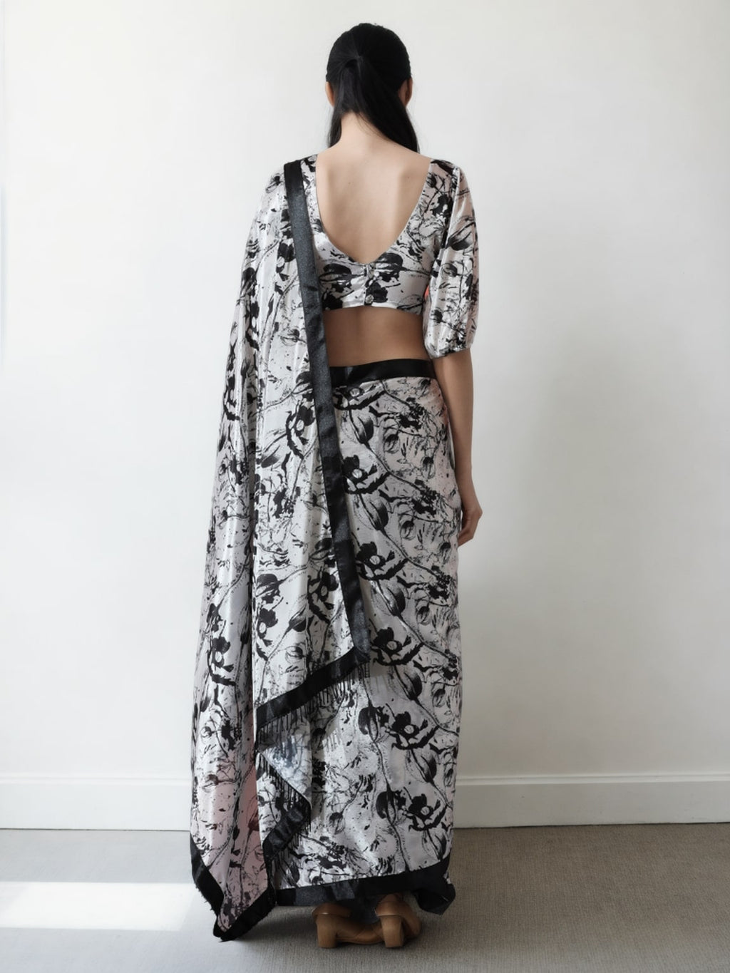 Black Chinon Digital Printed Ready to Wear Saree with Blouse