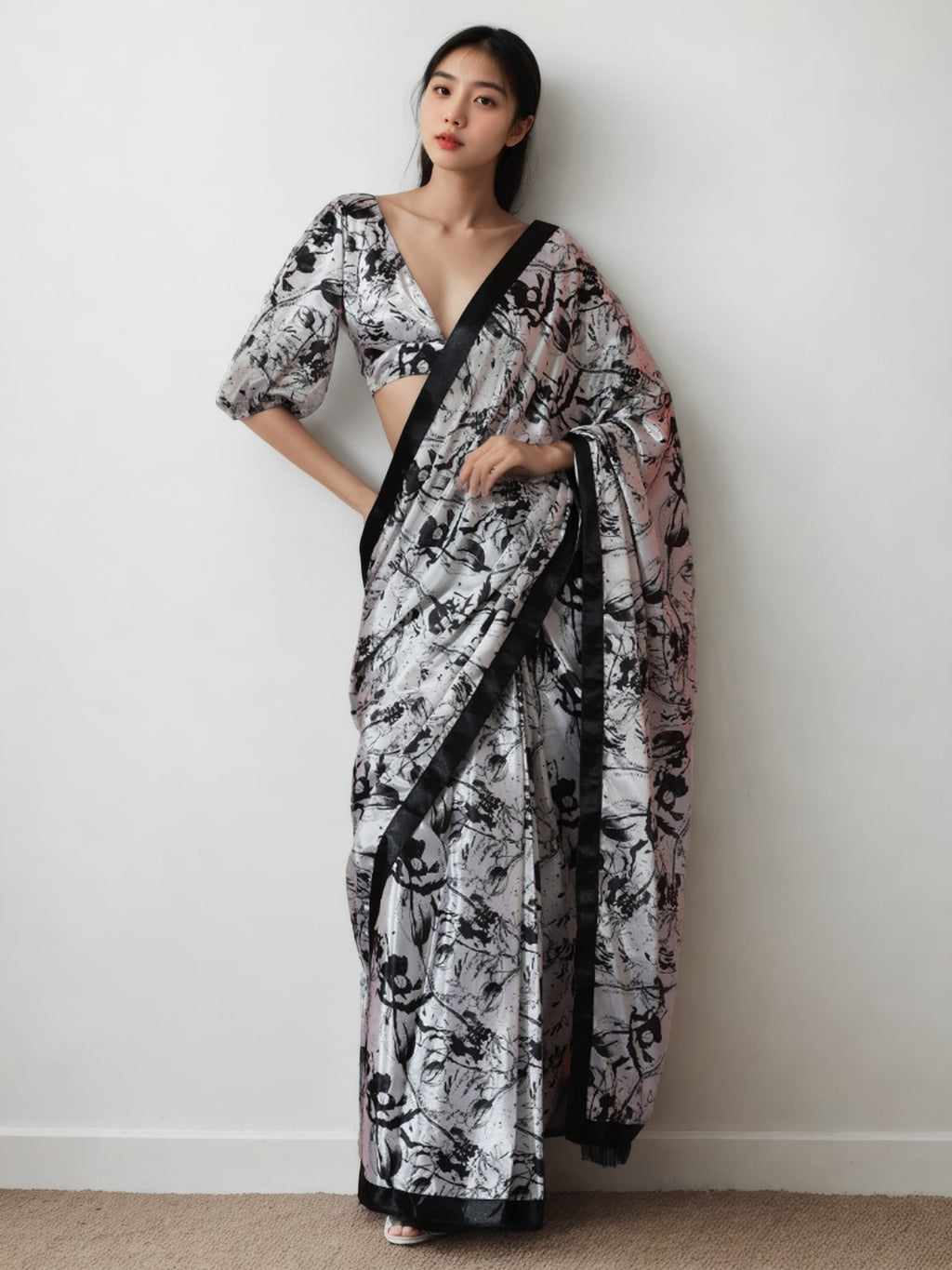 Black Chinon ready to wear saree with digital print detail and matching blouse