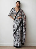 Black Chinon ready to wear saree with digital print detail and matching blouse