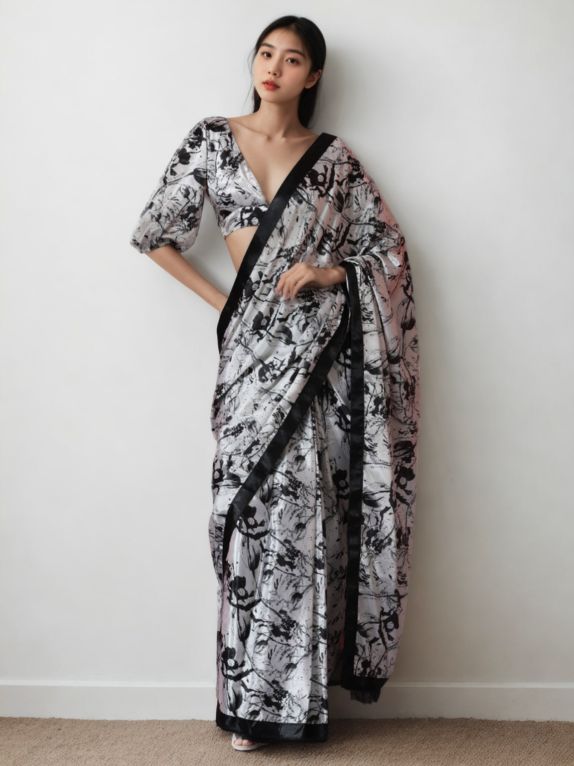 Black Chinon ready to wear saree with digital print detail and matching blouse