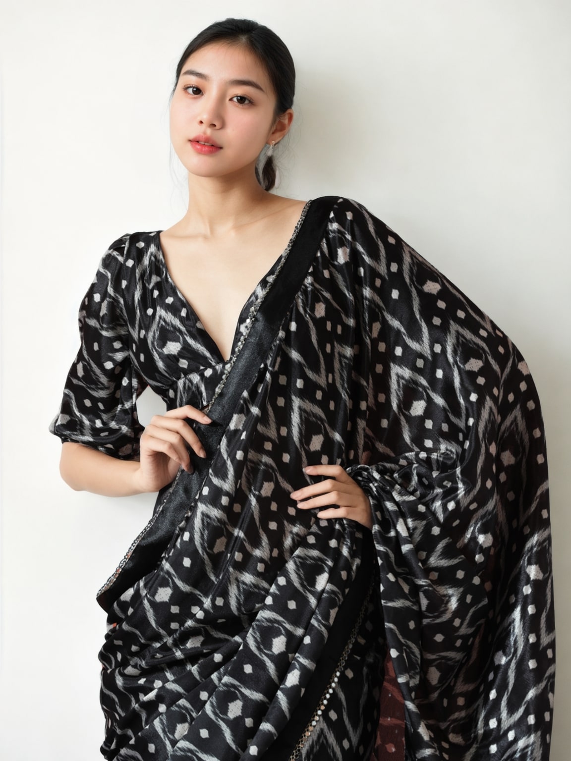 Women's Black Chinon Digital Printed Ready To Wear Saree