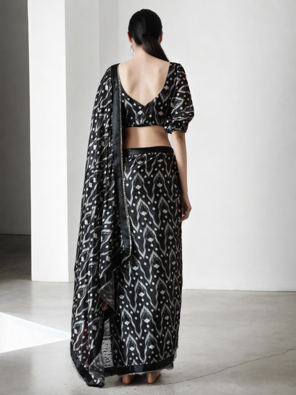 Women's Black Chinon Digital Printed Ready To Wear Saree