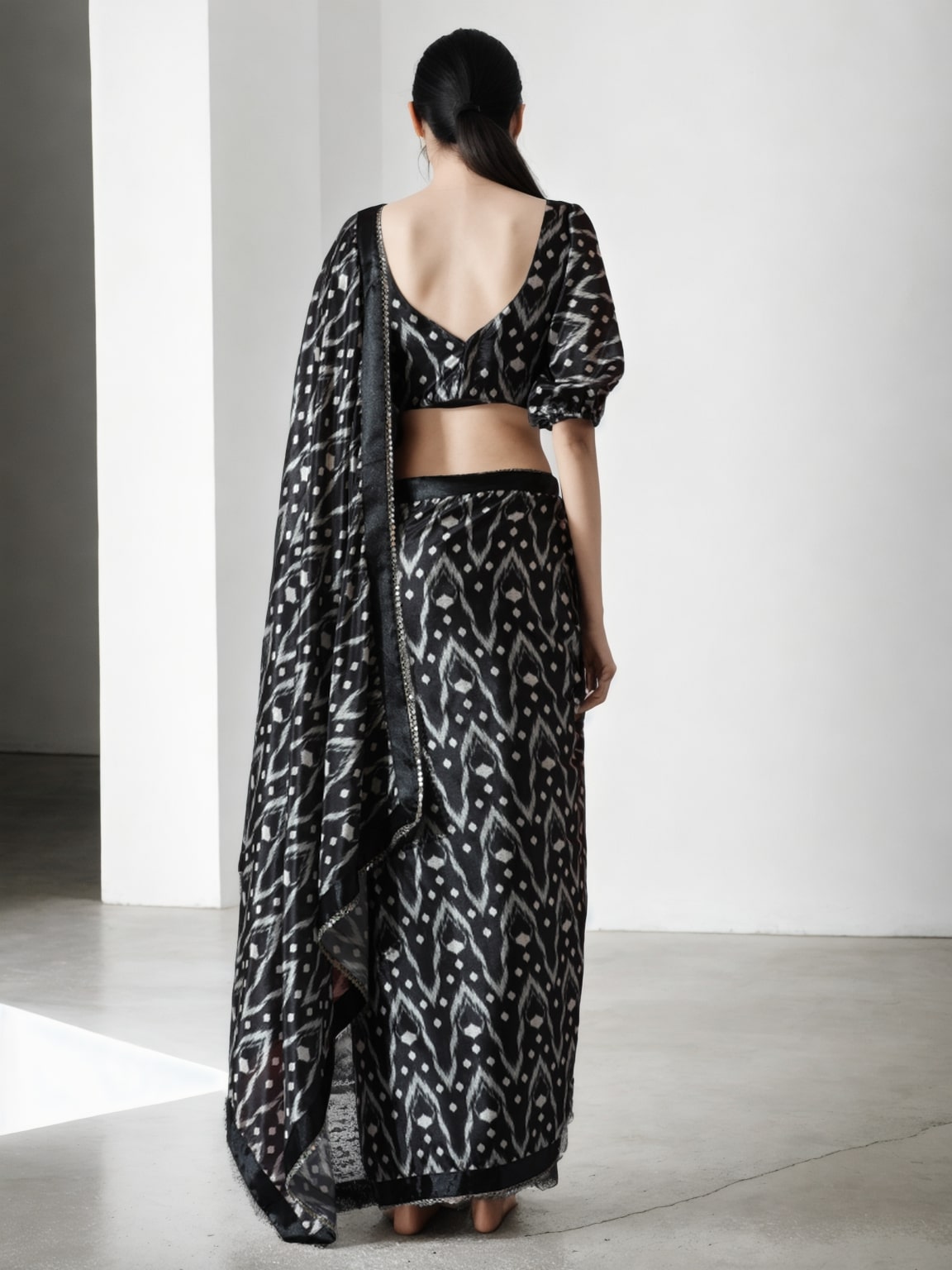Women's Black Chinon Digital Printed Ready To Wear Saree