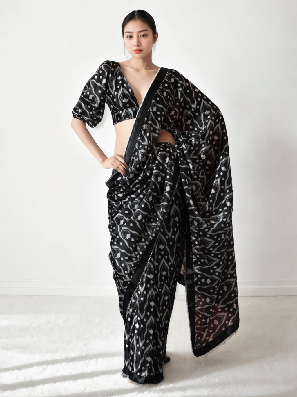 Black digital printed Chinon saree with lace border, ready to wear format