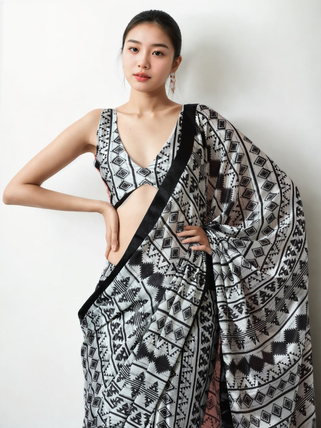Women's Black Chinon Digital Printed Ready To Wear Saree