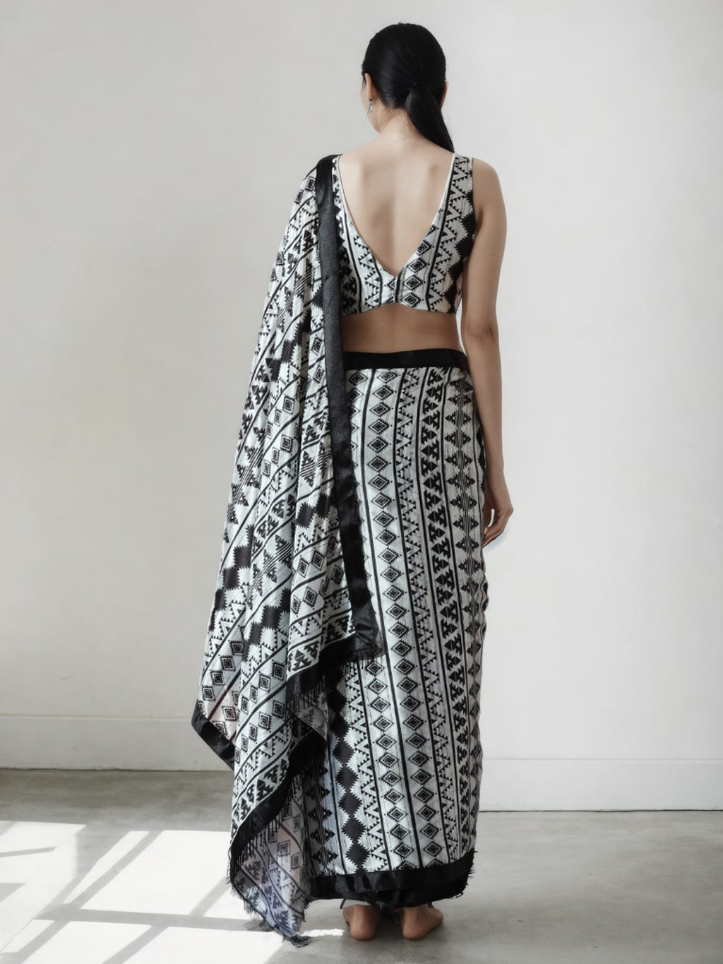 Women's Black Chinon Digital Printed Ready To Wear Saree