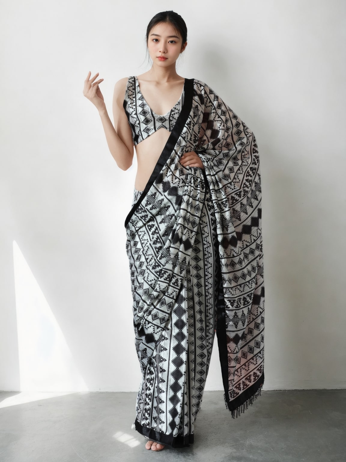 Woman wearing a black Chinon ready-to-wear saree with digital prints and a lace border