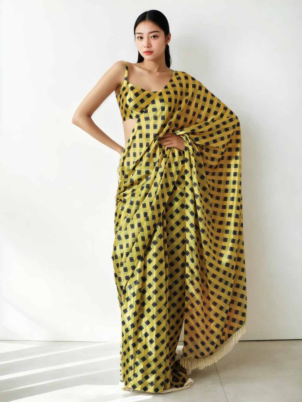 Mehendi green ready-to-wear Chinon saree with digital print and lace border