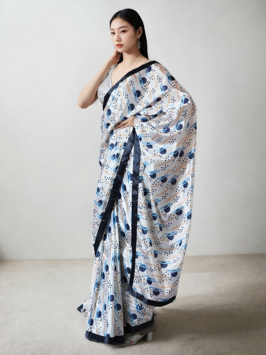 Multicolor Chinon Ready to Wear Saree with Geometric Print Blouse
