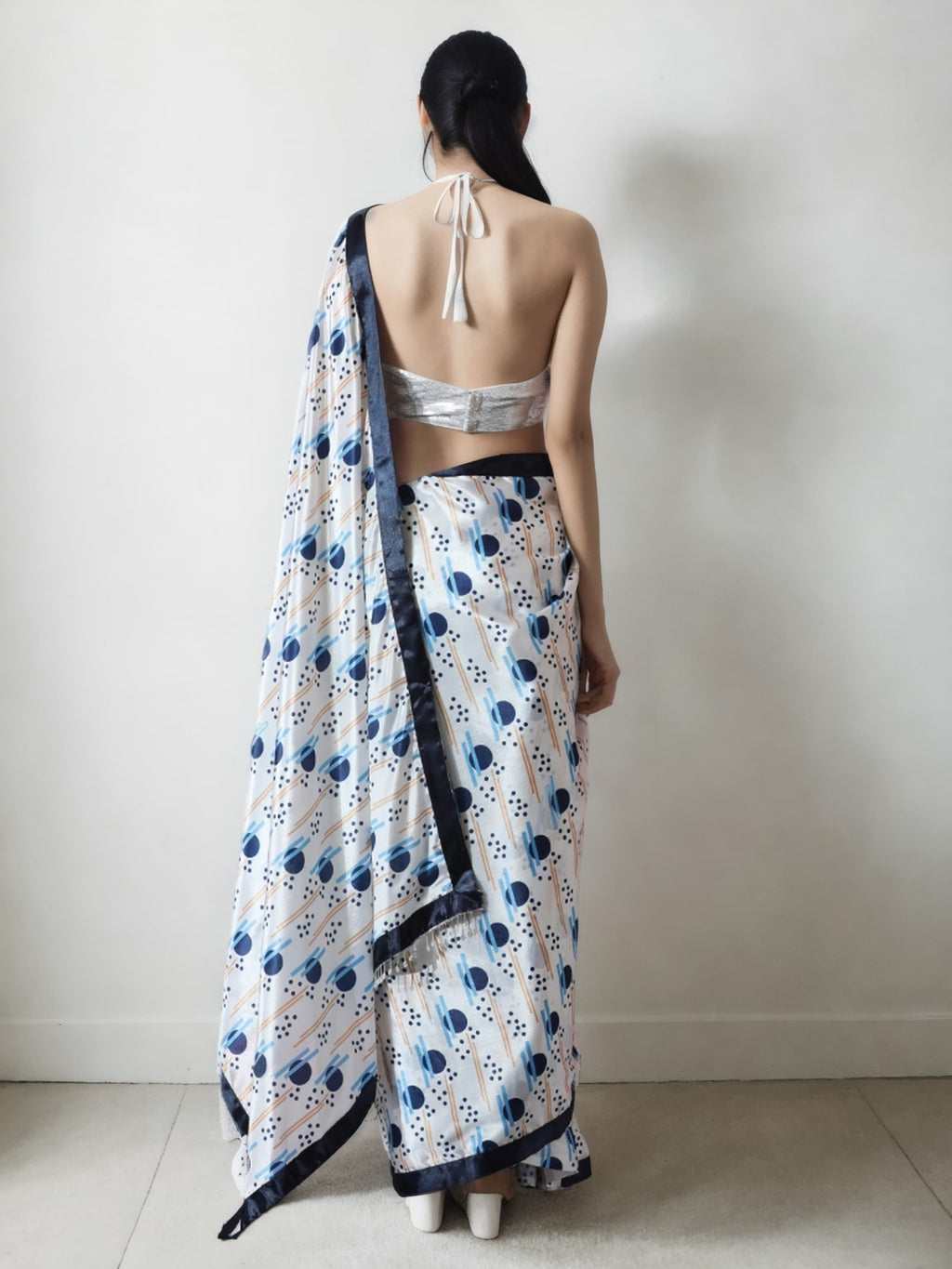Multicolor Chinon Ready to Wear Saree with Geometric Print Blouse