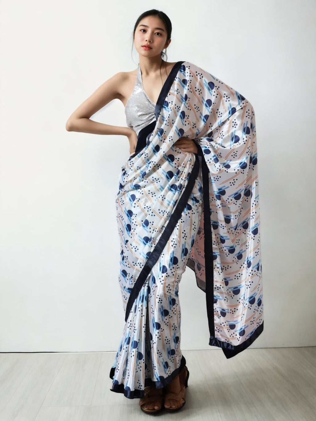 Multicolor Chinon silk ready-to-wear saree with geometric digital prints and lace border