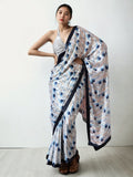 Multicolor Chinon silk ready-to-wear saree with geometric digital prints and lace border