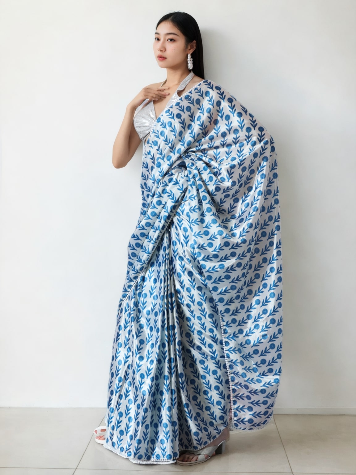 Women's Sky Blue Chinon Ready to Wear Saree with Blouse