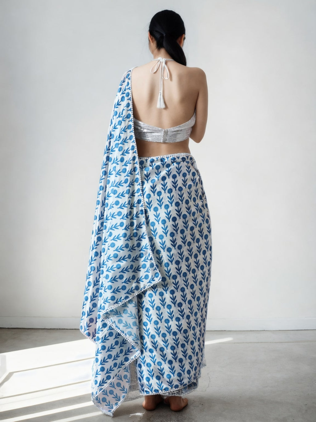 Women's Sky Blue Chinon Ready to Wear Saree with Blouse