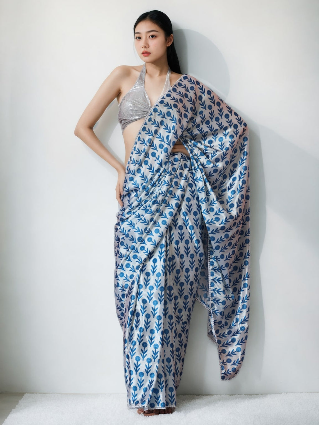 Sky Blue Chinon ready-to-wear saree with digital prints and lace border, shown with matching blouse.