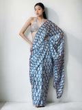 Sky Blue Chinon ready-to-wear saree with digital prints and lace border, shown with matching blouse.