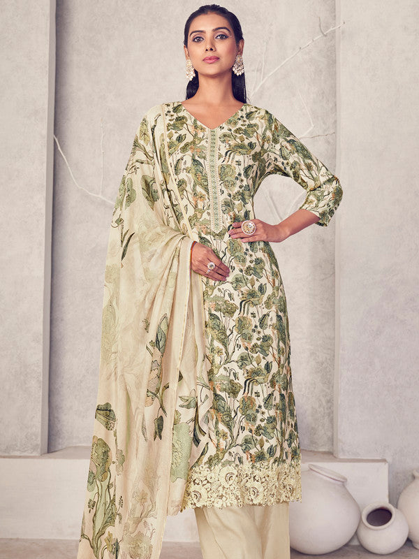 Cream Pure Pashmina Straight Kurta Set with Jacquard Weave