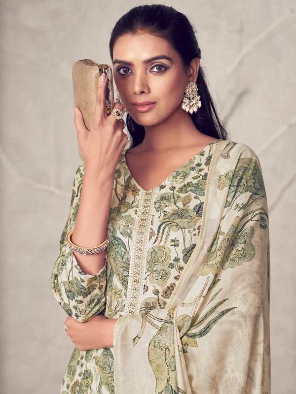 Cream Pure Pashmina Straight Kurta Set with Jacquard Weave