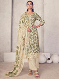 Cream-colored pure pashmina kurta set with jacquard weaving and digital print, featuring wide-leg plazo pants.