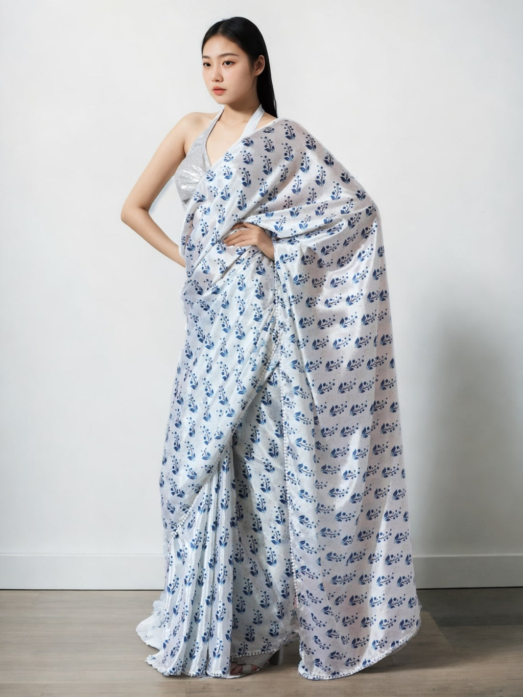 Women's Blue Chinon Ready to Wear Saree with Blouse