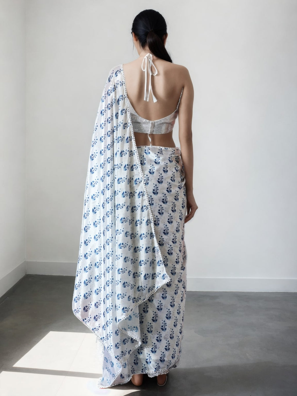 Women's Blue Chinon Ready to Wear Saree with Blouse