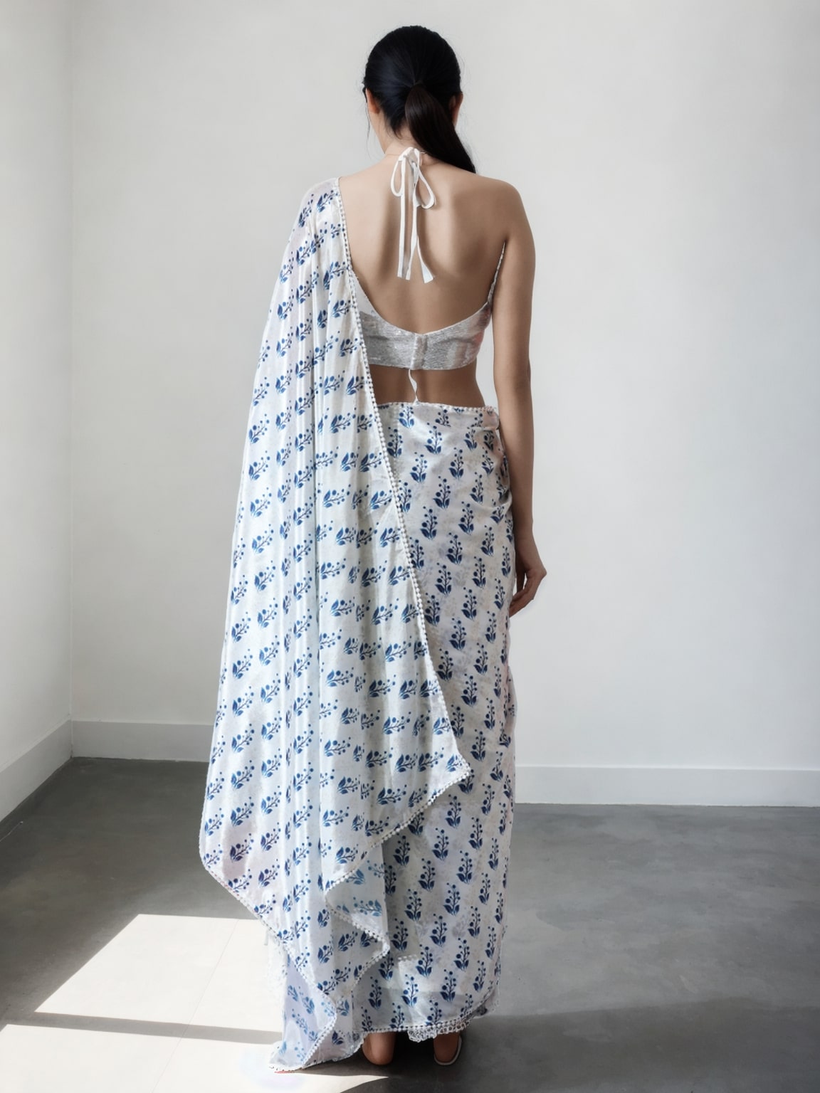 Women's Blue Chinon Ready to Wear Saree with Blouse