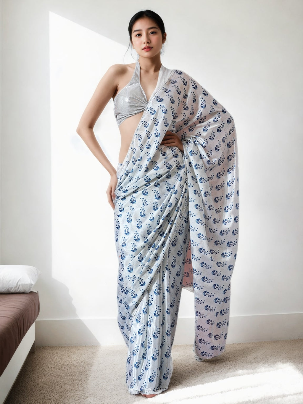Blue Chinon ready-to-wear saree with digital print and lace border, paired with a matching blouse.