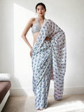 Blue Chinon ready-to-wear saree with digital print and lace border, paired with a matching blouse.