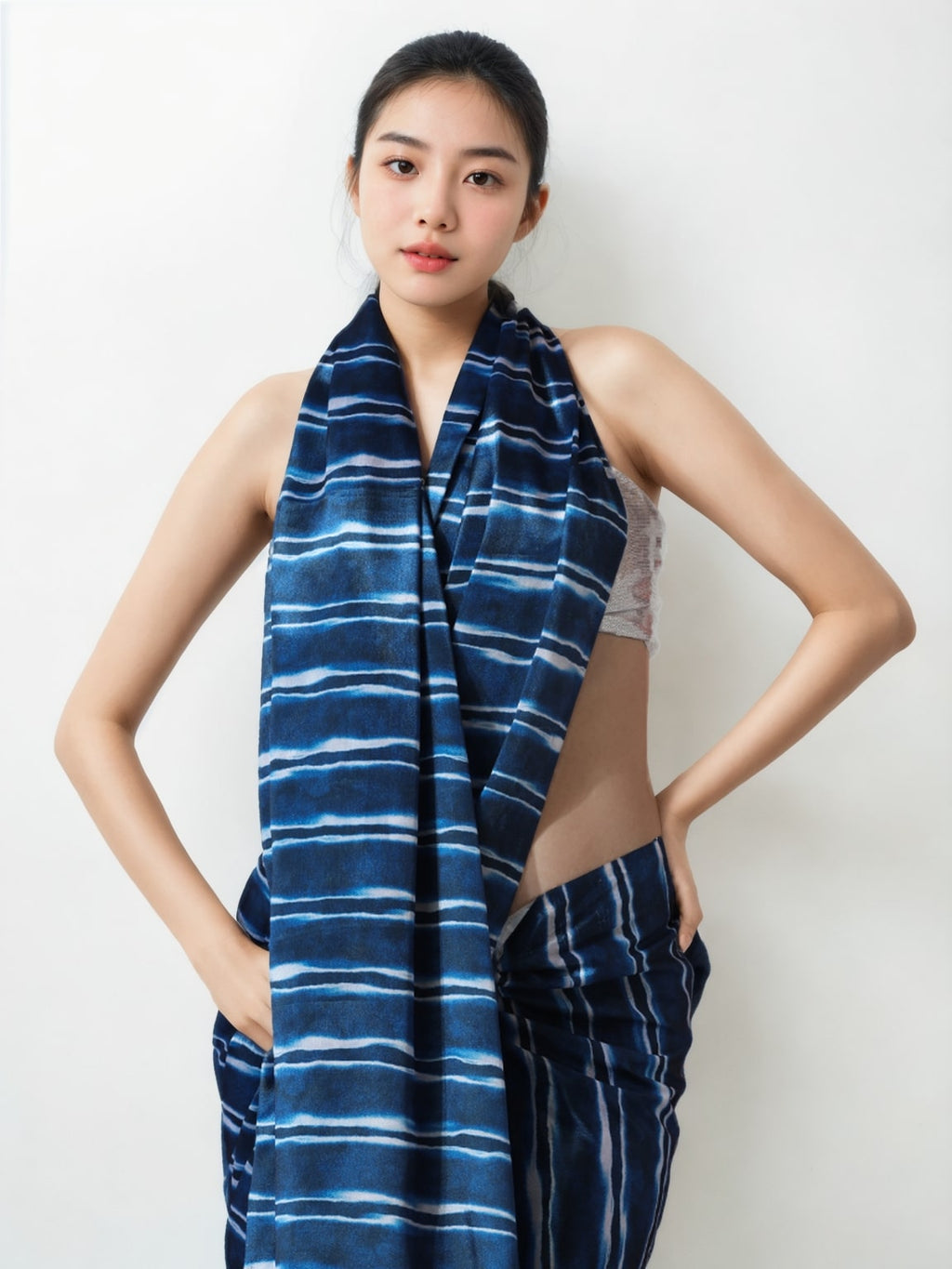 Women's Navy Blue Chinon Digital Printed Ready To Wear Saree
