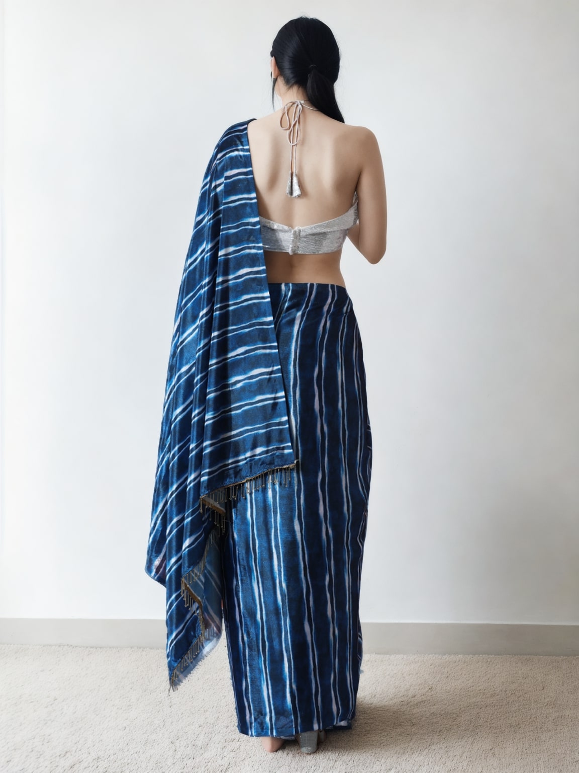 Women's Navy Blue Chinon Digital Printed Ready To Wear Saree