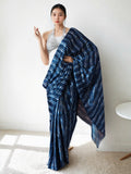 Navy blue Chinon saree with digital prints and lace border, pre-stitched style