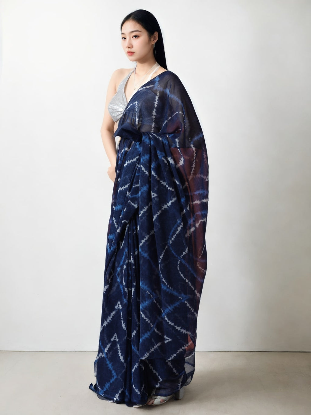 Dark Blue Marble Chiffon Ready to Wear Saree with Unstitched Blouse