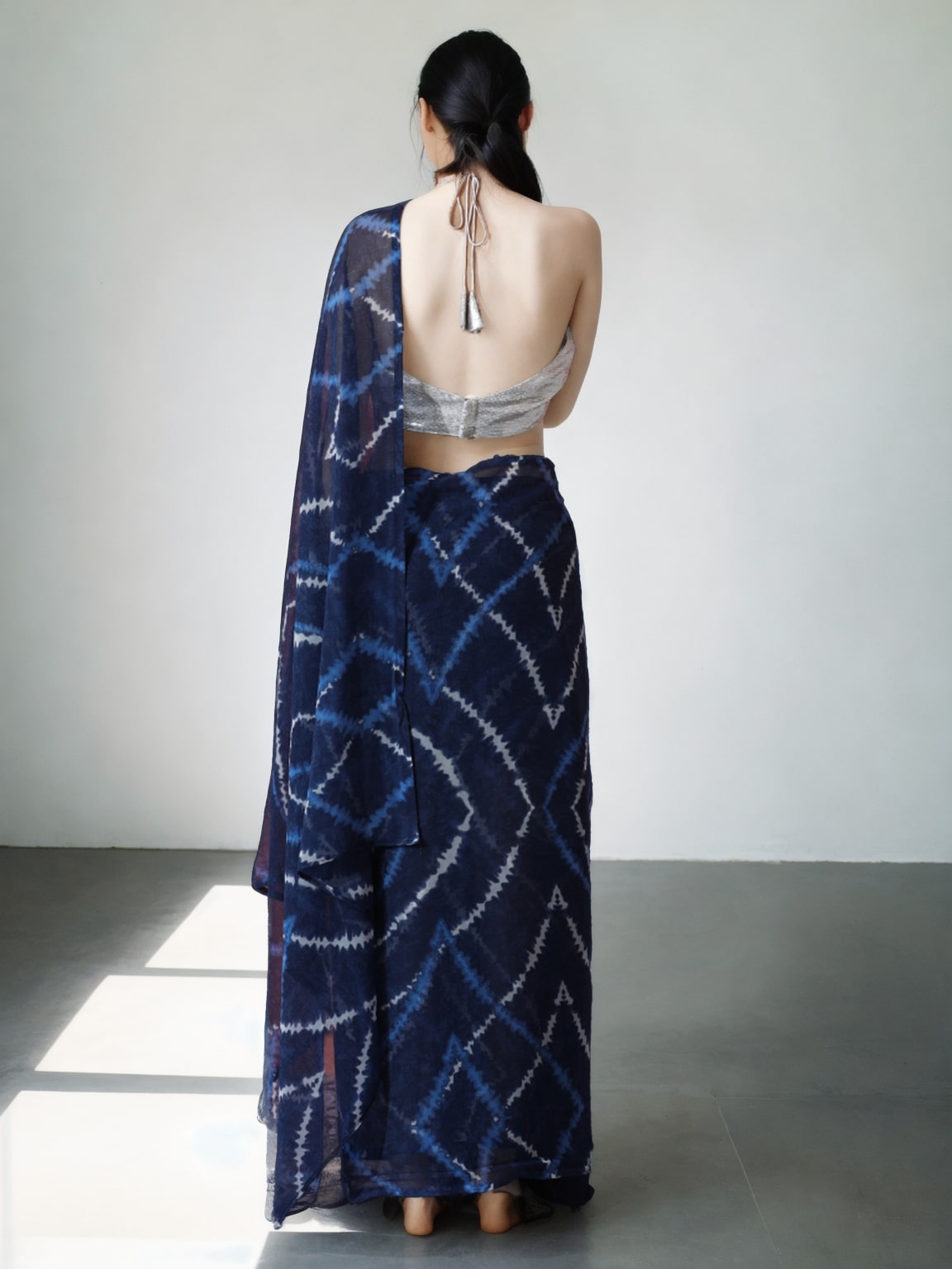 Dark Blue Marble Chiffon Ready to Wear Saree with Unstitched Blouse