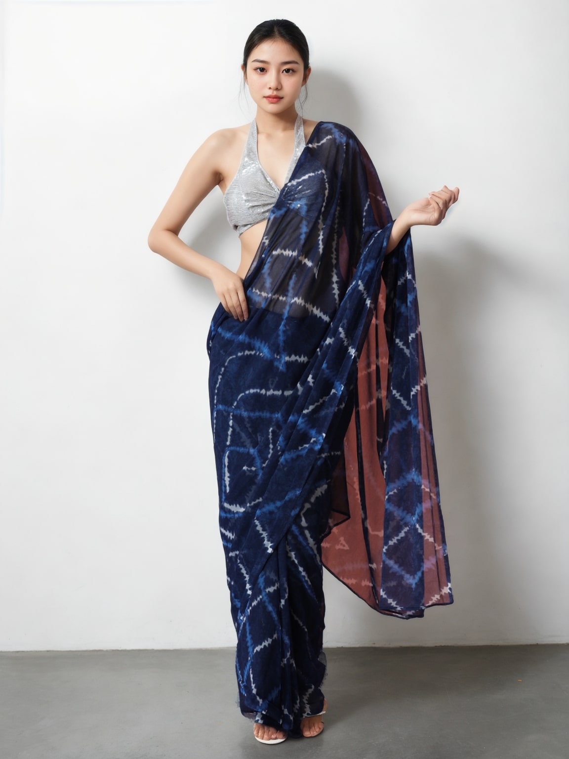 Dark blue marble chiffon ready-to-wear saree with matching printed design and unstitched blouse fabric