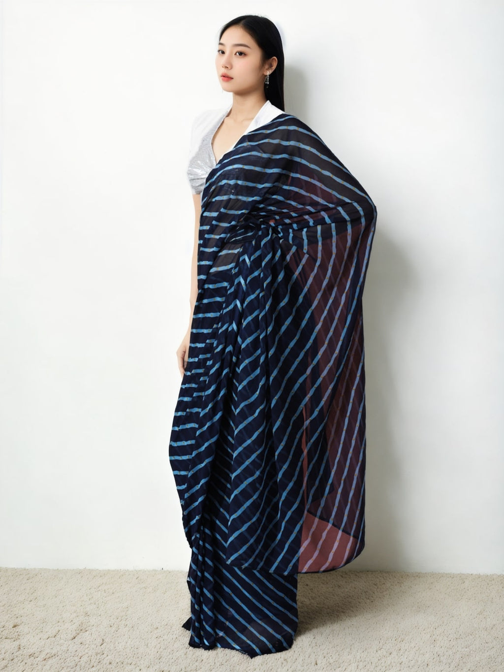 Dark Blue Marble Chiffon Ready to Wear Saree with Unstitched Blouse