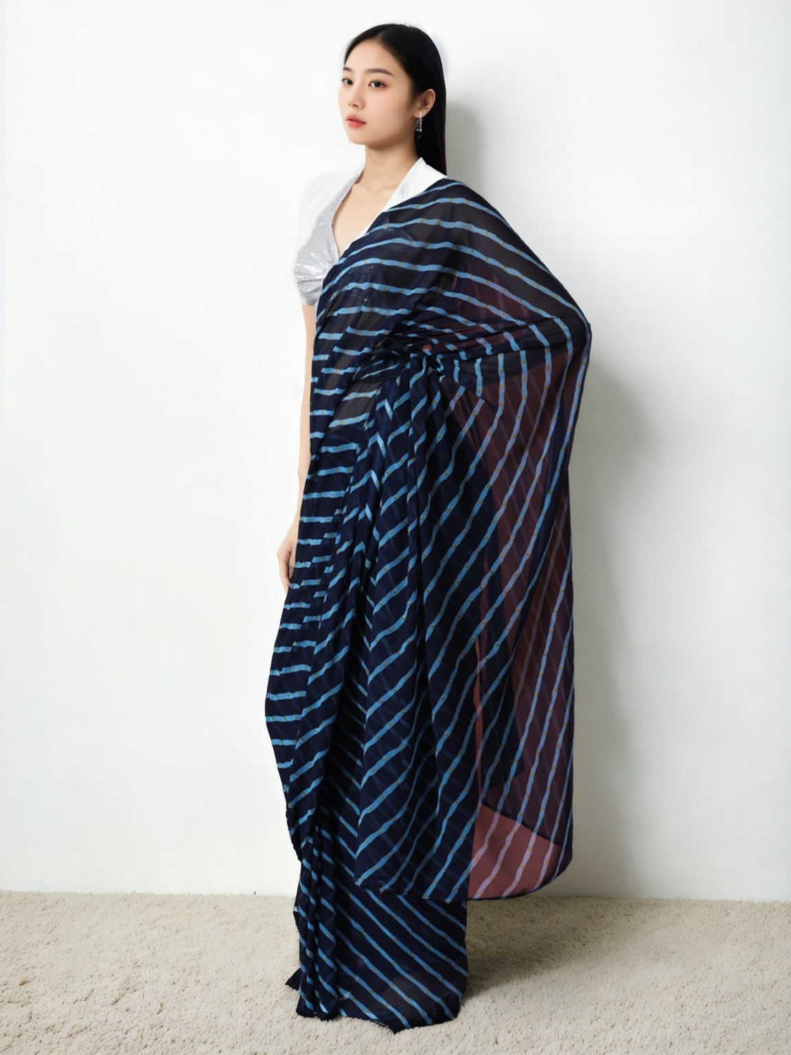 Dark Blue Marble Chiffon Ready to Wear Saree with Unstitched Blouse