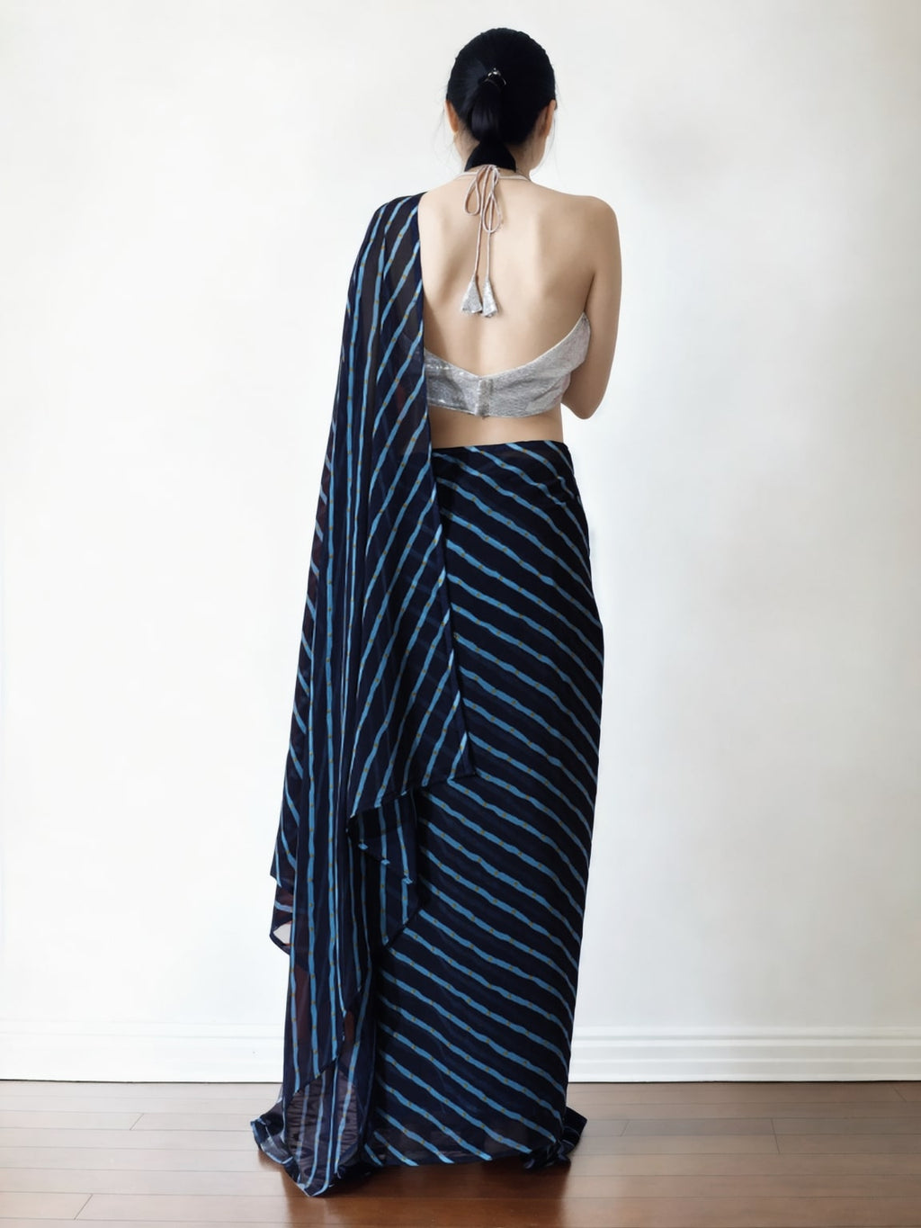 Dark Blue Marble Chiffon Ready to Wear Saree with Unstitched Blouse