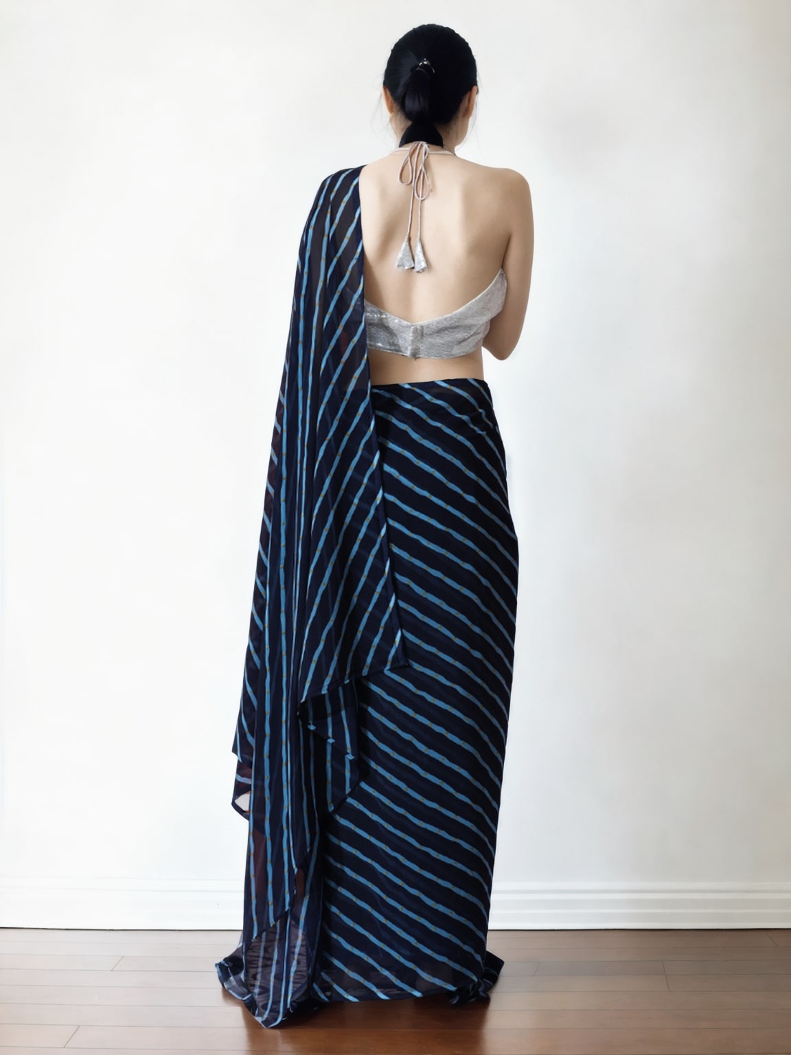 Dark Blue Marble Chiffon Ready to Wear Saree with Unstitched Blouse